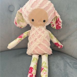Handcrafted, pink doll with vintage Chenille  and roses